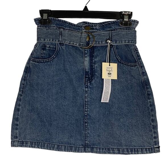 Francesca’s NWT Mini Paper Bag Skirt Size XS Blue Jeans 5 working pocket - Picture 1 of 7